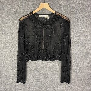 Vintage SCALA Black Beaded Sheer Cropped Jacket Evening Bolero Women's L